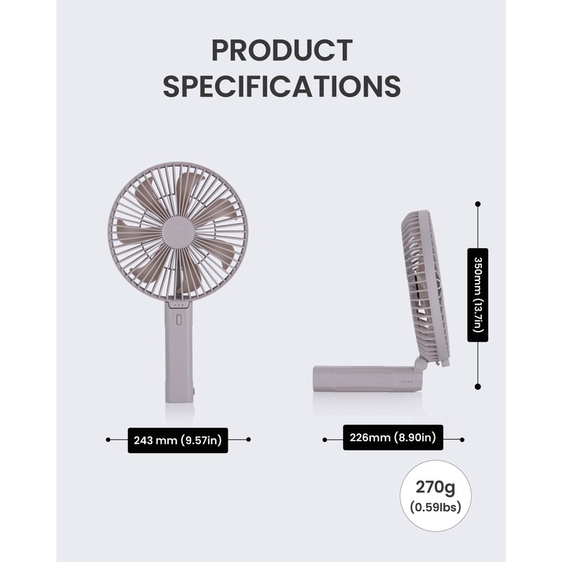 Claymore Handy A (Gray) Portable Handheld Fan - Rechargeable Foldable