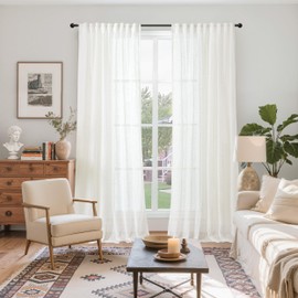 YoungsTex White Linen Semi Sheer Curtains 90 Inches Long for Living Room, Ivory Light Filtering Drapes Netural Texutred with Rod Pocket Back Tab for Bedroom Dining, 2 Panels, 52 X 90 Inch