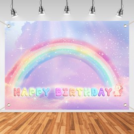 EEmberdrem Rainbow Birthday Party Backdrop, Waterproof Vinyl Photo Background with Happy Birthday Text, Pastel Sky Design, Indoor Outdoor Photography Decorations, for Birthday Celebrations (5X7 FT)