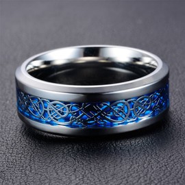 HIJONES Men's Celtic Dragon Blue Carbon Fiber Silver Stainless Steel Ring Wedding Band 8mm Size Z+1