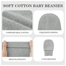 American Trends Baby Beanies for Boys Girls Newborn Infant Hat with Mittens Cute Cotton Hospital Hats for 0-6 Months 3 Pack Black & White & Gray