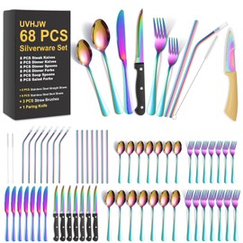 68-Piece Rainbow Silverware Set with Steak Knife for 8, Stainless Steel Flatware Cutlery Set, UVHJW Iridescent Dinnerware, Home Kitchen Spoons Forks Knives
