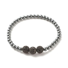 Hemasa Synthetic Hematite Round Beaded Stretch Bracelet with Cubic Zirconia