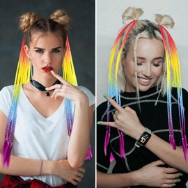 Colored Hair Extensions Braided Ponytail Extension with Rubber Bands 1 Pack Ombre Pony Tail Synthetic Hairpieces 24 inch Hair Accessories for Braids Rainbow Festival Rave Crazy Hair Day
