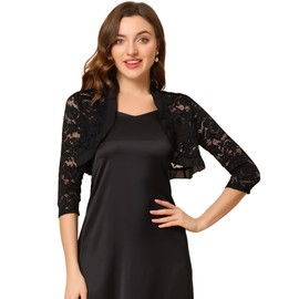 Allegra K Women's Elegant Ruffle Collar Crop Cardigan Sheer Floral Lace Shrug Top Black Small