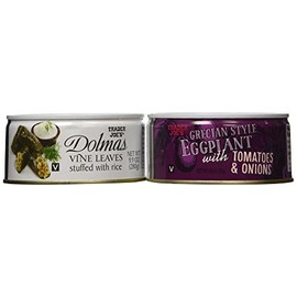 Trader Joe's Greek Bundle - Dolmas Vine Leaves Stuffed with Rice & Gretian Style Eggplant with Tomatoes & Onions (2 Items)