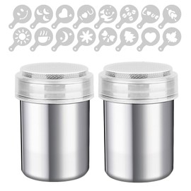 Hisdricus 2 cocoa shakers, coffee accessories, icing sugar shaker, stainless steel material, with lid and a set of powder moulds, suitable for icing sugar, cocoa powder, pepper, pepper powder, salt