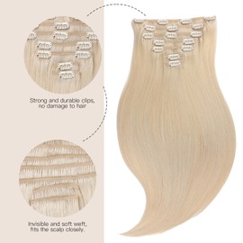 EnthayPow Clip in Hair Extensions Real Human Hair，Platinum Blonde Hair Extensions for Women，Natural Hair Clip in Hair Extensions，Remy Human Hair Extensions，24 Inch 7pcs/120g