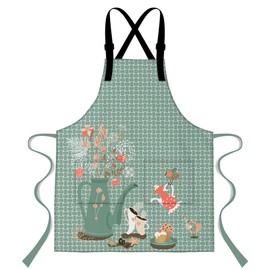 LshyMn Afternoon Tea Apron 33.4x27.5 Inches Modern Retro Grid Plant Flower Teapot Teacup Pattern Printed Bib Apron for Home Kitchen Cooking Waitress Chef Grill Apron WQXPMN211
