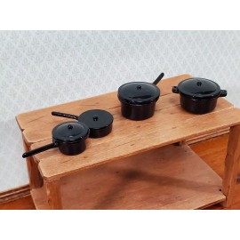 Town Square Miniatures Dollhouse Pots & Pans with Lids BLACK Metal Stock Soup Saute 1:12 Scale