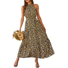 PRETTYGARDEN Women's Summer Floral Maxi Sun Dress Sleeveless Halter Neck Flowy Ruffle Hem Long Boho Dresses with Belt (Floral Black,Large)