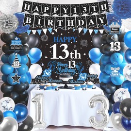 13th Birthday Decorations for Boys Girls Black Teenager Party Decorations with Happy 13th Birthday Banner Number Balloons, Hanging Swirls, Pom Poms, Backdrop Teen Supplies for 13 Years Old