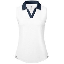 BGOWATU Women's Sleeveless Golf Polo Shirts Collared V Neck Tennis Tank Tops UPF 50+ Quick Dry Lightweight White + Navy XS