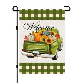 Fall Green Truck Pumpkin Garden Flag Double Sided, Weather Resistant Welcome Autumn Holiday Harvest Yard Flag Burlap Outside Decorative Flag for Patio Lawn Home Courtyard 12x18inch