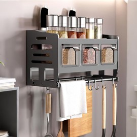 TWSOUL Wall Spice Rack, Kitchen Shelf with Spice Jars and Hooks, Metal Spice Rack, Black Spice Organiser Shelf, 28 cm/37 cm/46 cm, for Kitchen and Bathroom Organiser (28 cm)