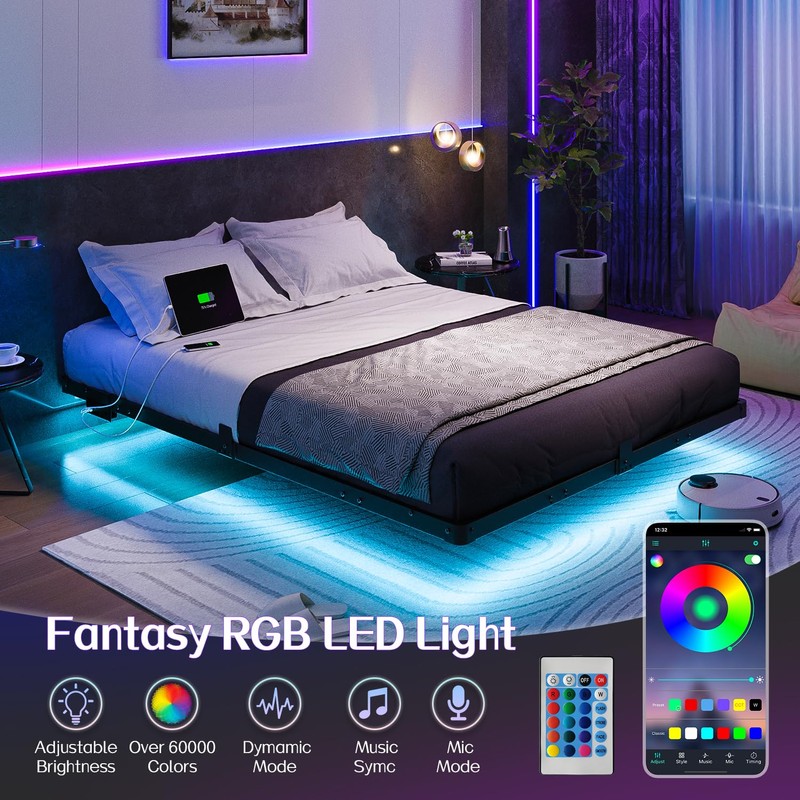 Liians Queen Size Floating Bed Frame with USB Charging Station