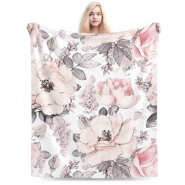 Pink Flower Grey Leaves Blanket Soft Lightweight Throw Blankets Cozy Flannel Bed Throws for Sofa Couch Travel Home Room Bedroom Decor Gifts for Girls Women Adults 50"x40"