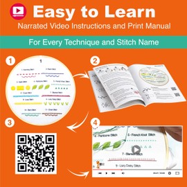 Azenera Embroidery Kit for Beginners - Learn Different Stitches, Simple Patterns with Video Instructions for Adults and Kids (13 Years and Up), Includes Threads, Bamboo Frame, 4 Fabric Designs, Tools