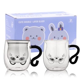 SHENDONG Cute Bear Cups Set of 2 Cute Cups Bear Tea Coffee Cup 8.5 oz Milk Cup for Personal Birthday, Valentine's Day and Office (Pack of 2, White Bear) (White-Black Cat Set of 2)