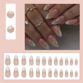 White French Tip Press on Nails Medium Almond Nude Fake Nails with Glue Gold bow Line Stick on Nails Full Cover Glossy Acrylic False Nails for Women DIY Manicure Decoration 24PCS