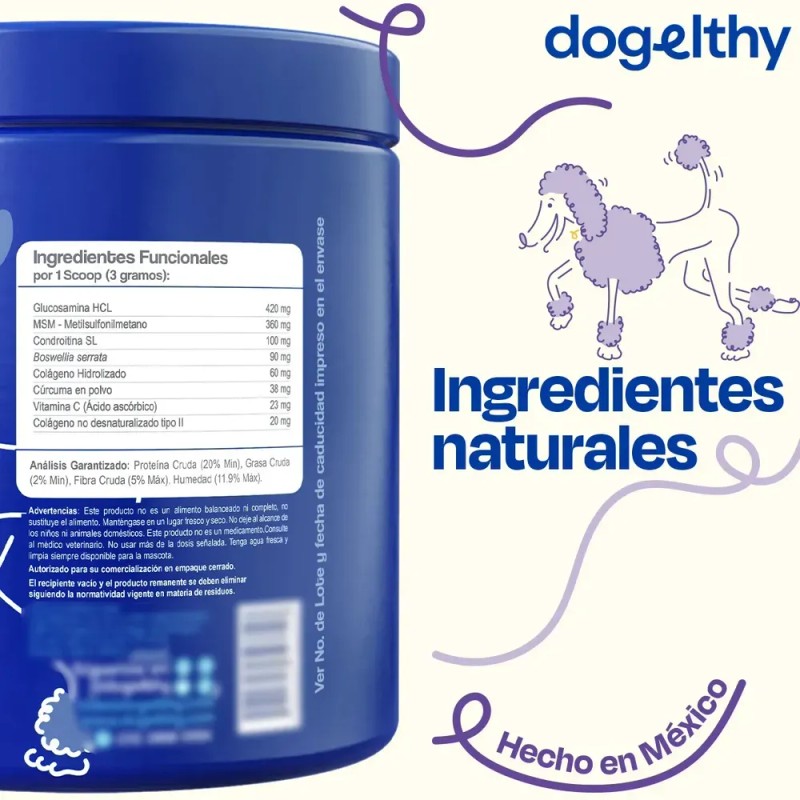Suplemento Condroprotector Dogelthy Mobility para Perros, con Glucosamina y UC-II,