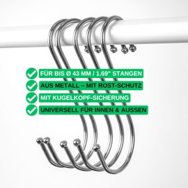 S-Hooks for Hanging, Pack of 8, in Silver, Metal Hooks for up to Diameter 42 mm Rods, Length 120 mm, S Hooks for Kitchen, Clothes Rail, Garage, Pot, Pan, Cup, Hanging Hooks, Kitchen Hooks, Double Hook Set
