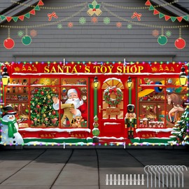 Tatuo 16x7ft Christmas Store Photo Backdrop with LED Light Santa's Shop Banner Santa Store Background Xmas Toy Store Decoration Christmas Photography for Christmas Xmas Party Holiday Supplies