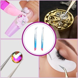 2 Pcs Ice Blue Elegant Nail Art Tweezers, Stainless Steel Tweezers with Silicone Pressing Head, for Eyelash Extensions and Nail Art Sticker Craft Rhinestone Stickers Jewel Gem Picker