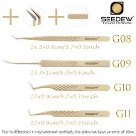 SEEDEW G08 Moonlight Elegance Tweezer, L Shape 45° 14.5CM, Upgraded Fiber Tip & Grid Textured Handle, Eyelash Extension Tweezer - Pointy Isolation Precision Tool for Lash Application (Steel-Golden)
