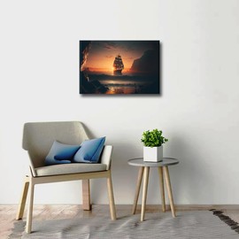 TISHIRON Beach Wall Art for Living Room Sailboat Nautical at Sunset Office Wall Decor Canvas Prints Seascape Modern Artwork for Bedroom Bathroom Framed Ready to Hang, 12x8in