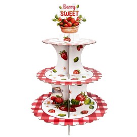 Strawberry Cupcake Stand - 3-Tier Berry Sweet Cupcake Tower Sturdy Cardboard Dessert Holder for Strawberry Shortcake Birthday Decorations, Parties, & Baby Shower (Red Strawberry)