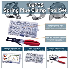 ASKWAY 108pcs Spring Pipe Clamps, With Spring Pipe Clamp Tools, 9 Sizes 6-18mm Spring Hose Clamps, Used To Fix Hose Interfaces In Automotive, Marine, Gardening, Industrial Applications (1, Silvery)