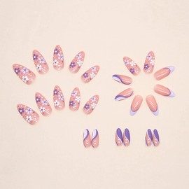 24 PCS Pink False nails with Flowers French Matte False Nails Almond Pointed Fake Nails with Flower and Wavy striped Design Fake Nails Full Cover Stick on Nails Give to Women & Girls Holiday Gifts