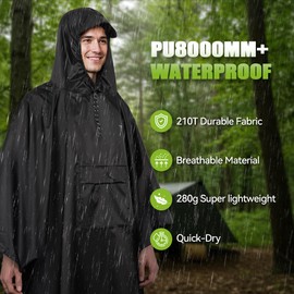TechRise Rain Ponchos for Adults with Pocket, Waterproof Rain Poncho for Men Women, Reusable Lightweight Hooded Ponchos, 3-in-1 Multifunctional Unisex Raincoat for Hiking Camping Emergency,Black