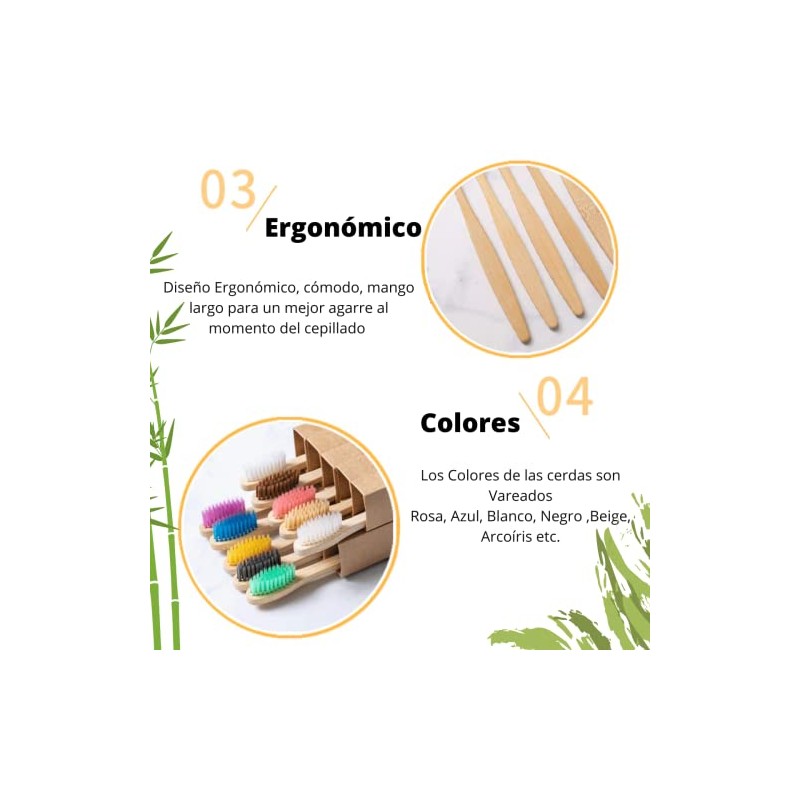 Paquete 10 Cepillos Dientes de Bambú Natural Cerdas Suaves +