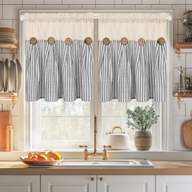 Cotton Linen Farmhouse Kitchen Curtains 24 Inch Boho Rustic Button Tier Curtains Natural and Dark Grey Stripe Color Block Curtain Rod Pocket Small Window Curtain for Cafe Bathroom Bedroom Drapes