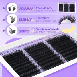 EYDEVRO Volume Lash Clusters 60D80D100D Eyelash Clusters Full Thick Cluster Eyelash Extensions D Curvature 10-18mm Individual Lashes Mega Volume Cluster Lashes DIY Lash Extensions at Home