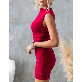 OWIN Women Elegant Mock Neck Sleeveless Mini Ruched Bodycon Dress Stretch Slim Party Cocktail Dresses Red M