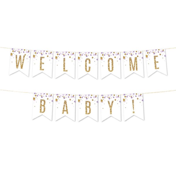 Andaz Press Lavender Gold Glitter Girl Baby Shower Party Collection, Hanging Pennant Party Banner with String, Welcome Baby!, 5-Feet, 1 Set