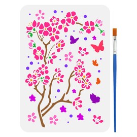 FINGERINSPIRE Cherry Blossom Rain Stencil with a Paint Brush 8.3x11.7inch Fluttering Butterflies Stencil Cherry Blossom Tree Painting Stencil Plant Theme Drawing Stencil for Wall Tiles Floor Paper