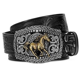LALATCH Western Cowboy Belts Western Belts for Women Men Cowgirl Cowboy Belt Buckles Leather Cowboy Belt for Men Rodeo Outfit, Silver Horse/Black Belt