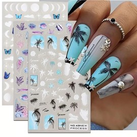 Summer Nail Art Stickers Decals Summer Palm Tree Nail Stickers Fun Summer Stickers for Nails 3 Pcs Sea Beach Cloud Jellyfish Butterfly Starfish Design Manicure Decals for Summer Nail Art Decorations