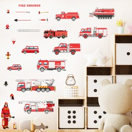 MEFOSS Fire Transport Vehicle Wall Stickers Fire Truck Wall Decals Peel and Stick Removable Vinyl Stickers for Kids Bedroom Playroom Nursery Decoration