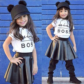 Afunbaby Toddler Baby Little Girls Fashion Clothes Mini Boss Shirt Tops&Leather Skirt 2Pcs Clothing Outfits Set (4-5T,Mini Boss Leather Sk)