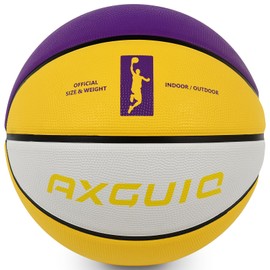 AXGUIQ Youth Girls Basketball 28.5" Size 6 Yellow-Purple-White Premium Thickened Rubber Wear Resistant Outdoor for Boys Girls Gift Youth Womens Basketball(Deflated)