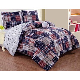 4 - Piece Kids (Double) FULL SIZE BASEBALL Sports theme Comforter set with Plush Baseball Pillow Included-Navy Blue, Red, White and Beige Plaid. Boys, Girls, Guest Room and School Dormitory Bedding