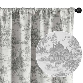 jinchan 100% Blackout Toile Curtains for Bedroom, 96 Inch Length Drapes Toile de Jouy French Printed Castle, Light Blocking Thermal Insulated Window Treatment Rod Pocket, 2 Panels Light Grey