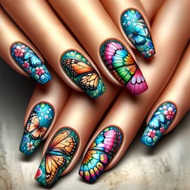 24Pcs Colorful Butterfly Press on Nails Medium Length Square Fake Nails Cute False Nails with Flower Designs Spring & Summer Glue on Nails Matte Acrylic Artificial Nails for Women Girls