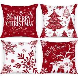 Lanpn 55x55 cm Christmas Cushion Covers Set of 4, Cartoon Deer Snowflake Decorative Holiday Pillow Case Pillowcase Cushion 22x22 for Indoor House Sofa Couch Winter Decoration Red