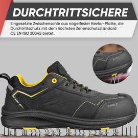 BWOLF Phoenix S3S Work Shoes Men's S3 Safety Shoes S3 Nabuk Waterproof Non-Slip 4x4 Grip Tech, Ergo Soles, black